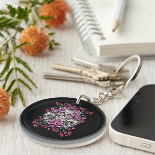 Skull floral, skeleton watercolor pink ,Halloween. Key Ring