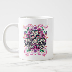 Skull floral, skeleton watercolor pink ,Halloween Large Coffee Mug