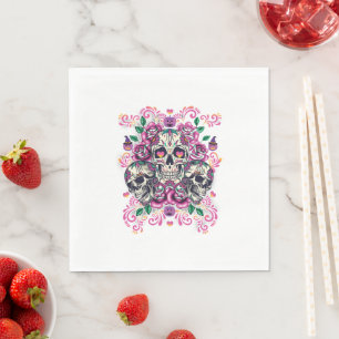 Skull floral, skeleton watercolor pink ,Halloween. Napkin