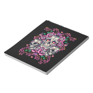 Skull floral, skeleton watercolor pink ,Halloween. Notepad