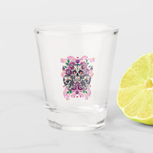 Skull floral, skeleton watercolor pink ,Halloween. Shot Glass