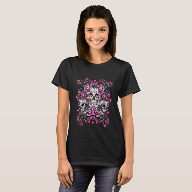 Skull floral, skeleton watercolor pink ,Halloween. T-Shirt (Front Full)