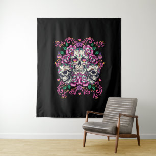 Skull floral, skeleton watercolor pink ,Halloween. Tapestry