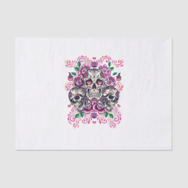 Skull floral, skeleton watercolor pink ,Halloween. Tissue Paper (Front)