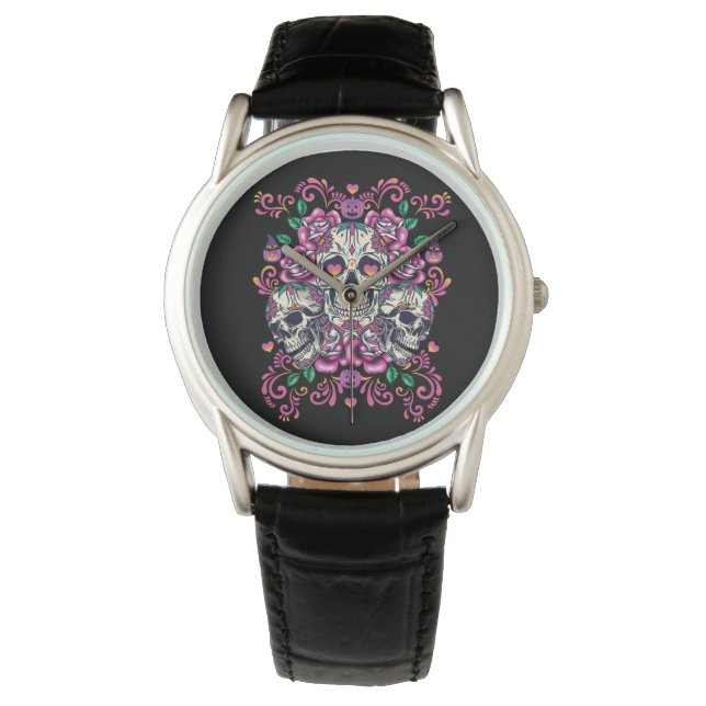Skull floral, skeleton watercolor pink ,Halloween. Watch (Front)