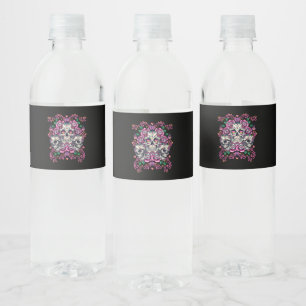 Skull floral, skeleton watercolor pink ,Halloween. Water Bottle Label