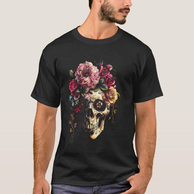 Skull Flower Aesthetic Floral Skull Graphic Design T-Shirt (Front)
