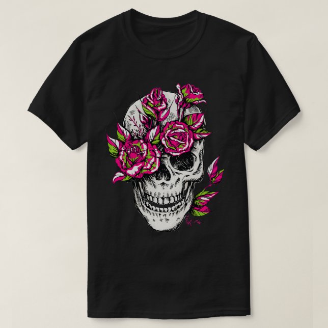 Skull Flower Floral Bone Rose Skeleton Cool Gothic T-Shirt (Design Front)