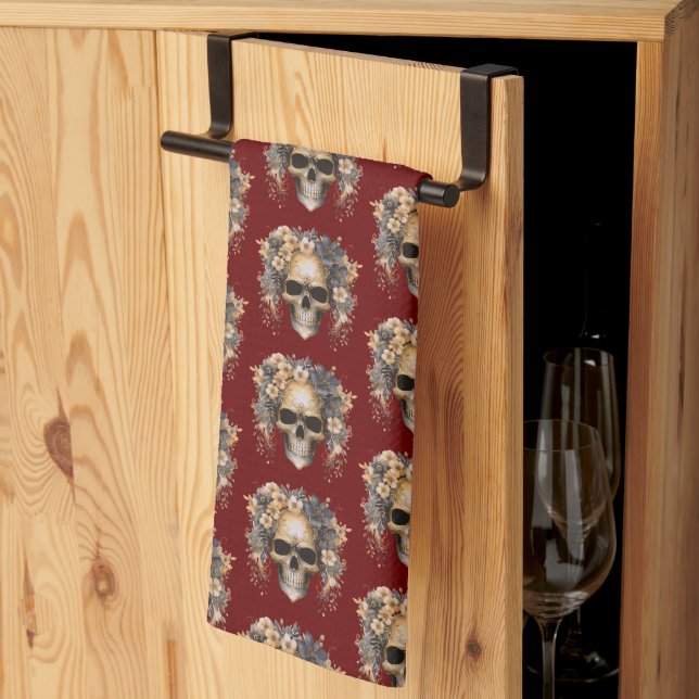 Skull Flowers Burgundy Pattern Halloween Tea Towel (Thirds Fold)