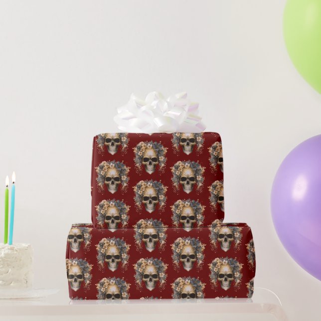Skull Flowers Burgundy Pattern Halloween Wrapping Paper (Party Gifts)