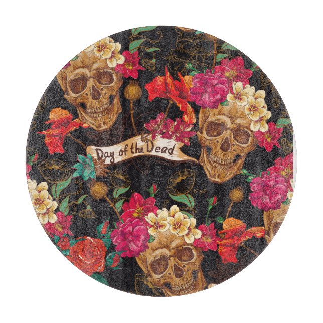 Skull Flowers Day Dead Background Cutting Board (Front)