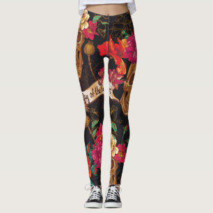 Skull Flowers Day Dead Background Leggings