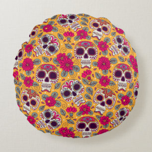 Skull Flowers: Mexican Day Background Round Cushion