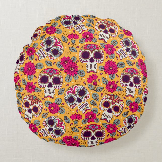 Skull Flowers: Mexican Day Background Round Cushion (Front)