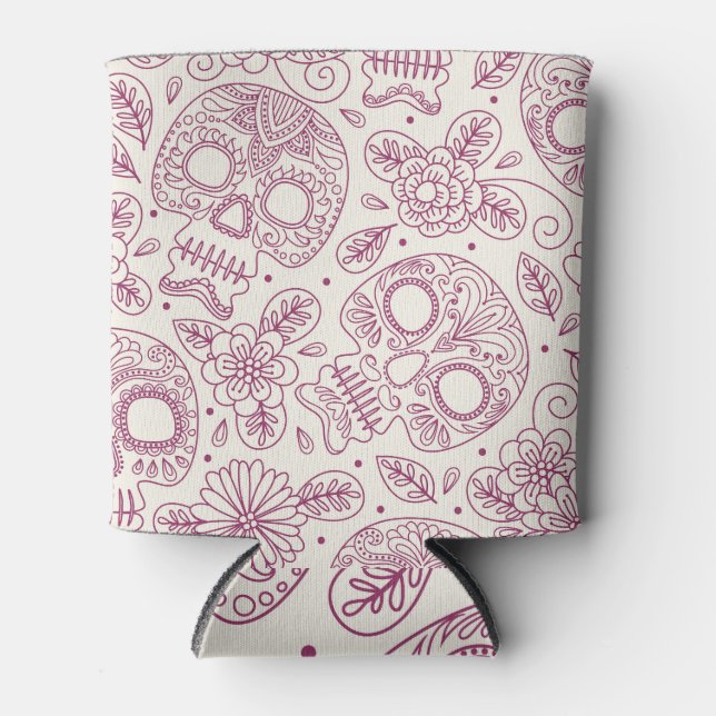 Skull Flowers: Mexican Day Seamless. Can Cooler (Front)