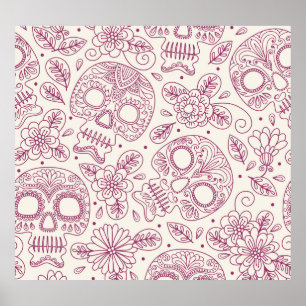 Skull Flowers: Mexican Day Seamless. Poster