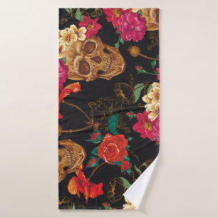 Skull Flowers: Seamless Dark Background. Bath Towel