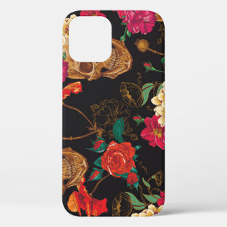 Skull Flowers: Seamless Dark Background. iPhone 12 Case