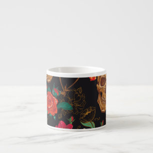 Skull Flowers: Seamless Dark Background. Espresso Cup