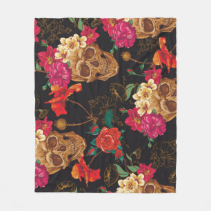 Skull Flowers: Seamless Dark Background. Fleece Blanket