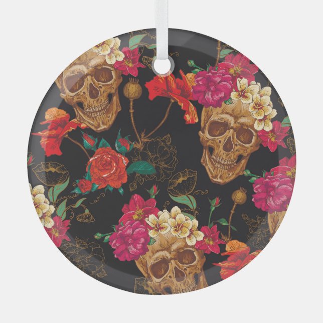 Skull Flowers: Seamless Dark Background. Glass Tree Decoration (Front)