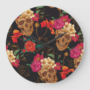 Skull Flowers: Seamless Dark Background. Large Clock