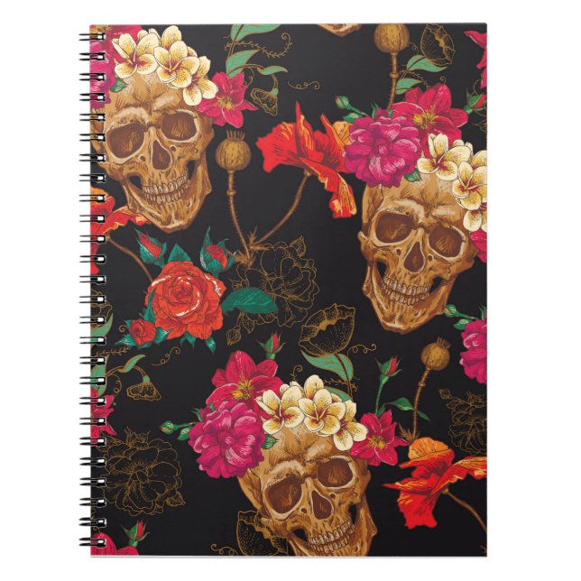 Skull Flowers: Seamless Dark Background. Notebook (Front)