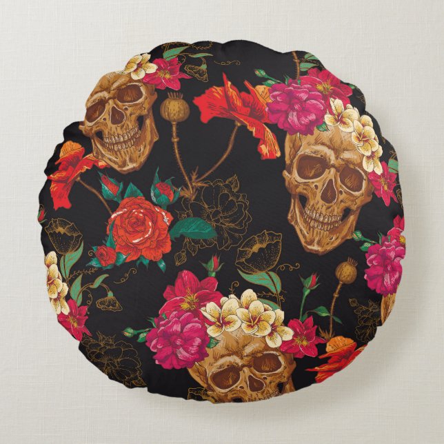 Skull Flowers: Seamless Dark Background. Round Cushion (Front)