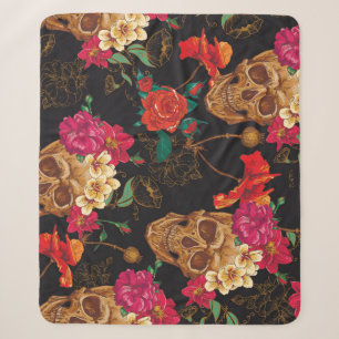 Skull Flowers: Seamless Dark Background. Sherpa Blanket