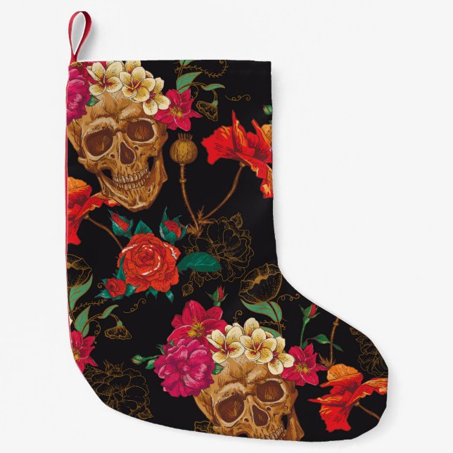 Skull Flowers: Seamless Dark Background. Small Christmas Stocking (Front)