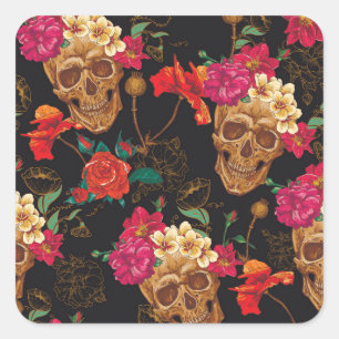Skull Flowers: Seamless Dark Background. Square Sticker