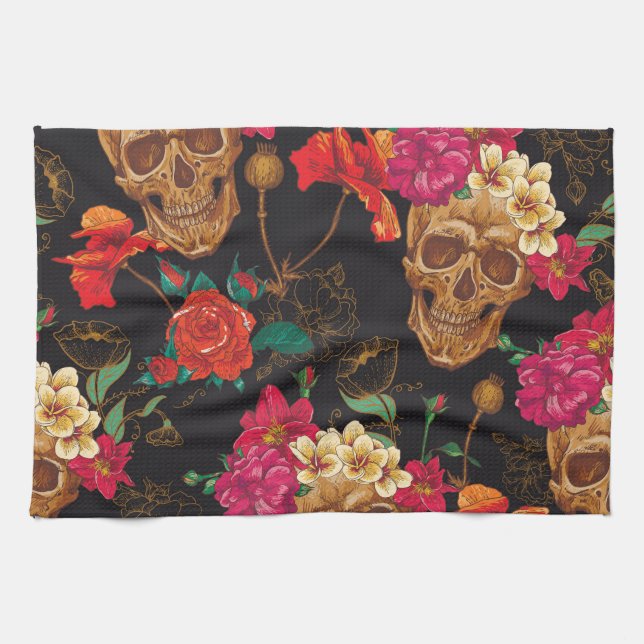 Skull Flowers: Seamless Dark Background. Tea Towel (Horizontal)