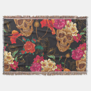 Skull Flowers: Seamless Dark Background. Throw Blanket