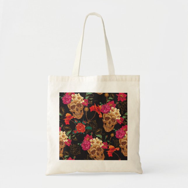 Skull Flowers: Seamless Dark Background. Tote Bag (Front)