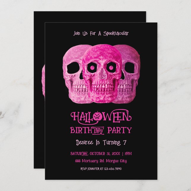 Skull Funny Gothic Girly Pink Halloween Birthday Invitation (Front/Back)