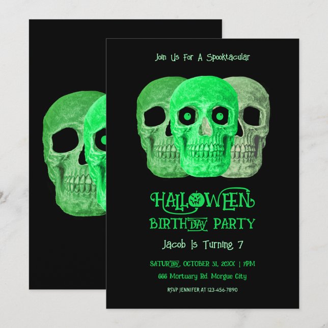 Skull Funny Gothic Green Black Halloween Birthday Invitation (Front/Back)