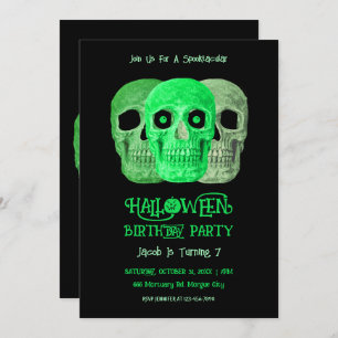 Skull Funny Gothic Green Black Halloween Birthday Invitation