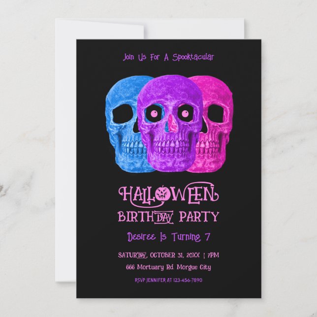 Skull Funny Gothic Pink Blue Halloween Birthday Invitation (Front)