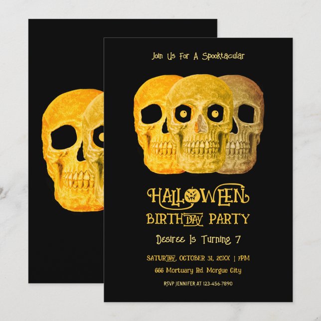 Skull Funny Gothic Yellow Black Halloween Birthday Invitation (Front/Back)