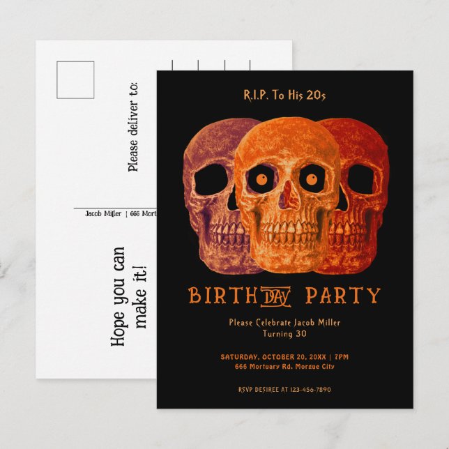 Skull Funny Orange Gothic Birthday RIP To His 20s Invitation Postcard (Front/Back)