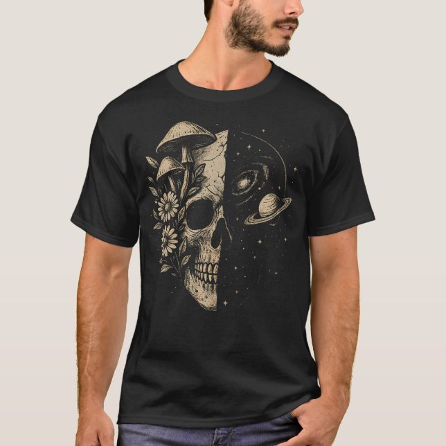 Skull Galaxy Mushroom Flowers Cosmos Aesthetic Spi T-Shirt (Front)