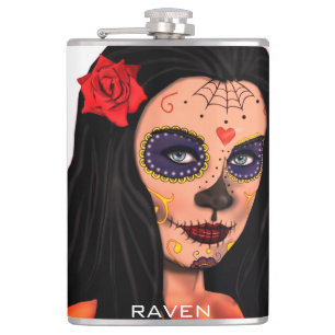 Skull Girl Day of Dead Personalise Name Flask