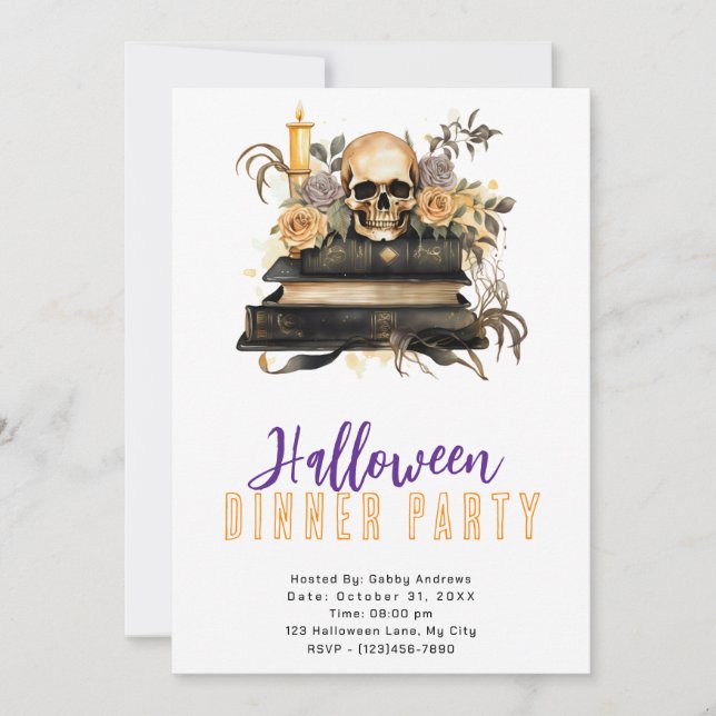 Skull Gold and Grey Roses Halloween Dinner Party Invitation (Front)