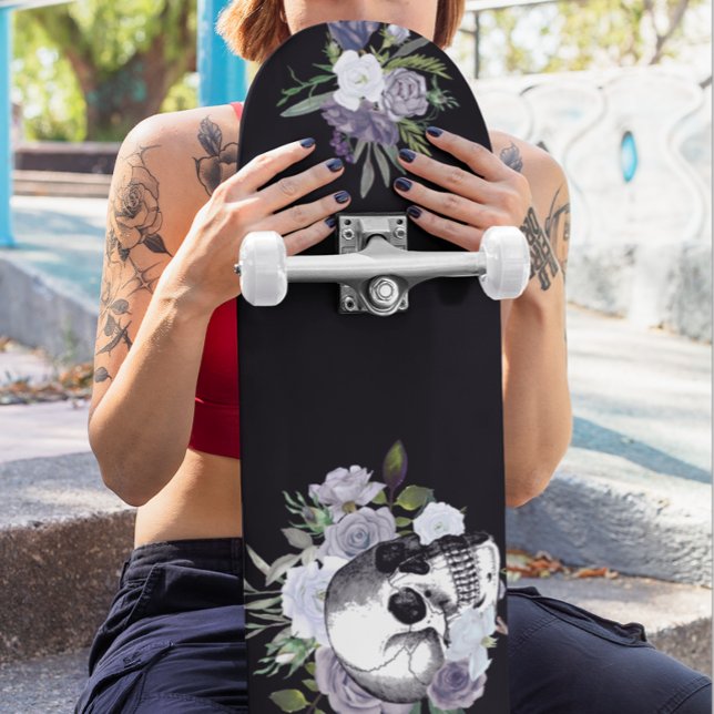 Skull Goth Black White Floral Flower Skateboard (Creator Uploaded)