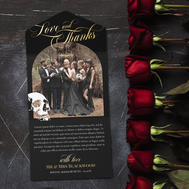 Skull Goth Halloween Wedding Love Thanks Gold All In One Invitation (Creator Uploaded)