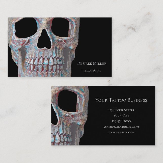 Skull Gothic Cool Grey Blue Black Tattoo Shop Business Card (Front/Back)