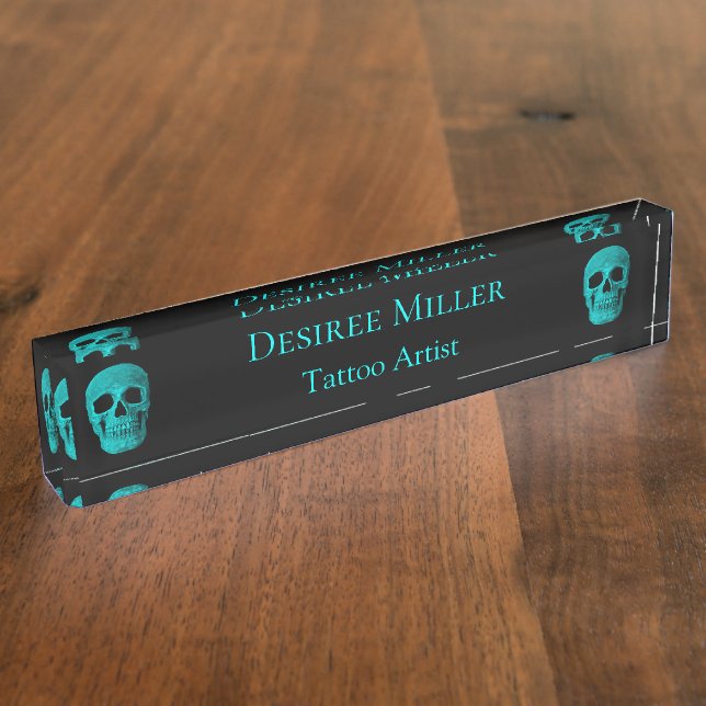 Skull Gothic Dark Teal Black Macabre Tattoo Shop Nameplate (Side)