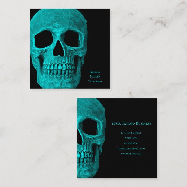 Skull Gothic Dark Teal Black Macabre Tattoo Shop Square Business Card (Front/Back)
