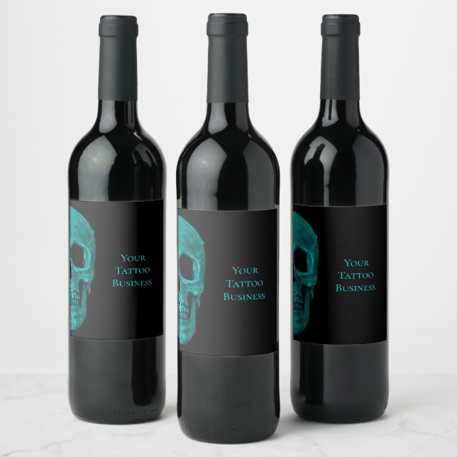 Skull Gothic Dark Teal Black Macabre Tattoo Shop Wine Label (Bottles)