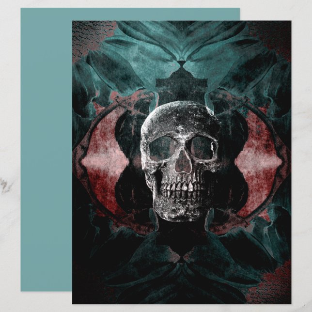 Skull Gothic Floral Teal Black Red Grunge Texture (Front/Back)